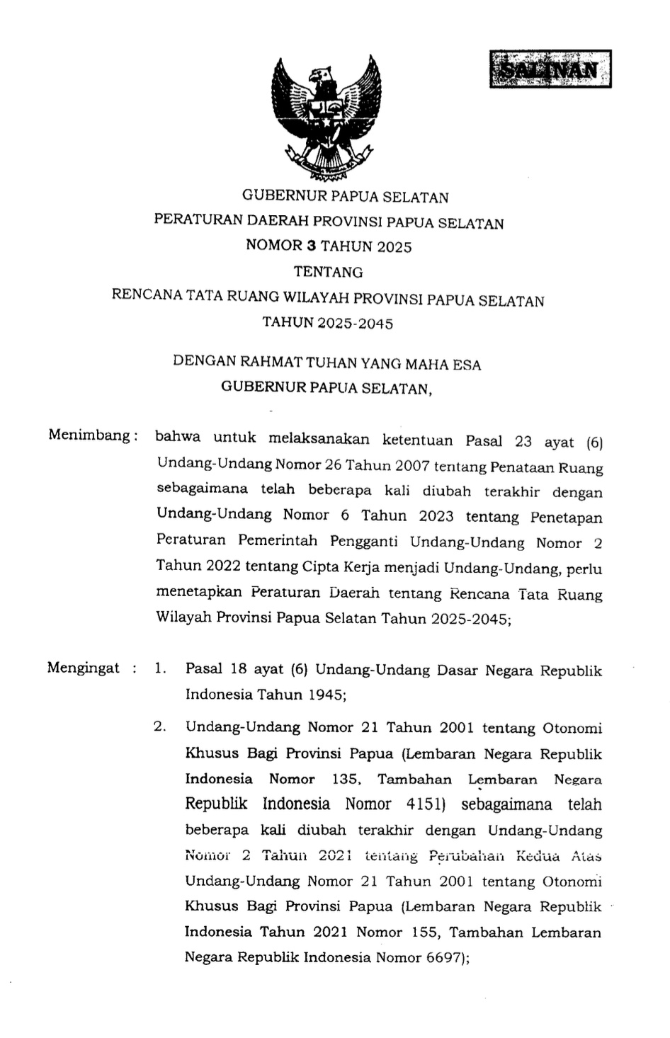 Perda Papua Selatan Nomor 3 Tahun 2025 Tentang RTRW Resmi Ditetapkan